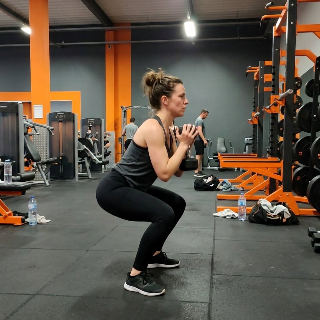 Une pratiquante réalise un squat avec haltère dans une salle de sport